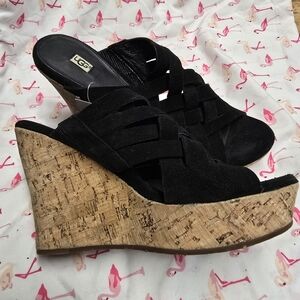 UGG Marta Black Wedge Sandals with Suede Crisscross Finish. Size 10.